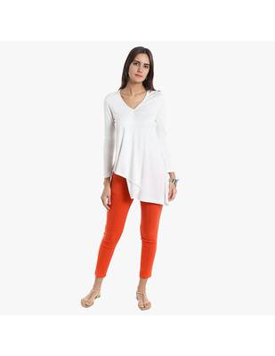 Rust Cotton Slim Fit Embroidered Cigarette Trousers For Women's 2