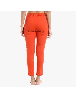 Rust Cotton Slim Fit Embroidered Cigarette Trousers For Women's 3