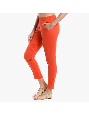 Rust Cotton Slim Fit Embroidered Cigarette Trousers For Women's 4