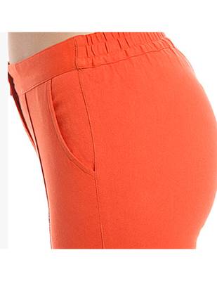 Rust Cotton Slim Fit Embroidered Cigarette Trousers For Women's 5