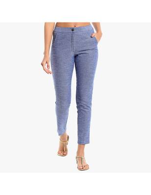 Blue Cotton Slim Fit Embroidered Cigarette Trousers For Women's 1