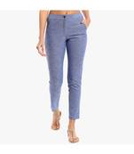 Blue Cotton Slim Fit Embroidered Cigarette Trousers For Women's