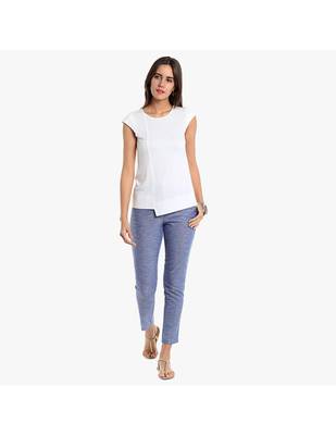 Blue Cotton Slim Fit Embroidered Cigarette Trousers For Women's 2