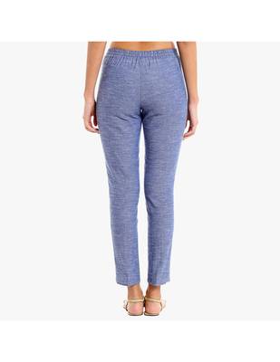 Blue Cotton Slim Fit Embroidered Cigarette Trousers For Women's 3