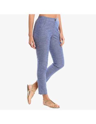 Blue Cotton Slim Fit Embroidered Cigarette Trousers For Women's 4