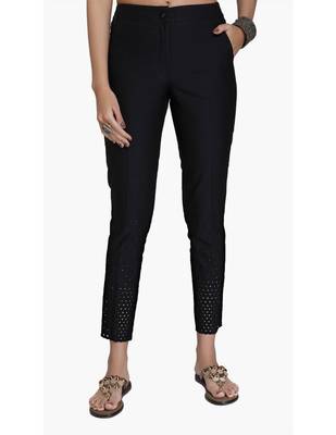 Black Cotton Slim Fit Embroidered Cigarette Trousers For Women's 1