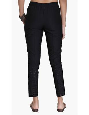 Black Cotton Slim Fit Embroidered Cigarette Trousers For Women's 3