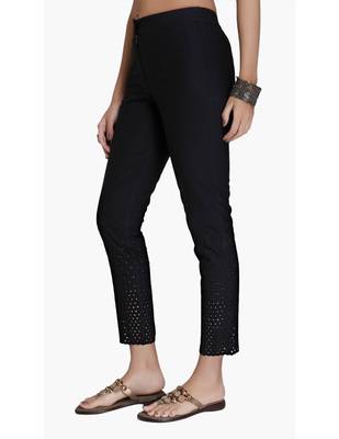 Black Cotton Slim Fit Embroidered Cigarette Trousers For Women's 4