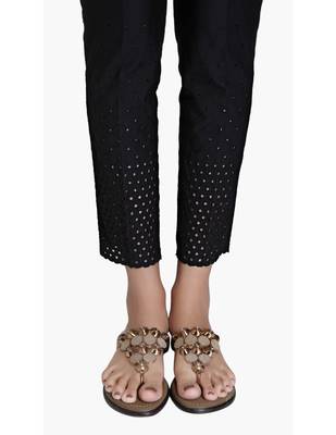 Black Cotton Slim Fit Embroidered Cigarette Trousers For Women's 5