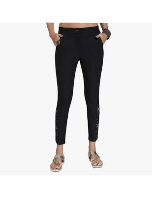 Black Cotton Slim Fit Embroidered Cigarette Trousers For Women's 1