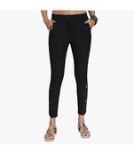 Black Cotton Slim Fit Embroidered Cigarette Trousers For Women's