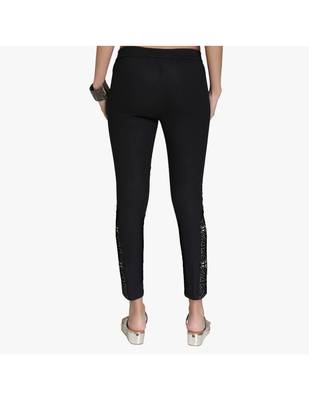 Black Cotton Slim Fit Embroidered Cigarette Trousers For Women's 3