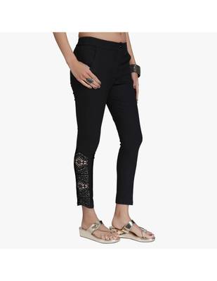 Black Cotton Slim Fit Embroidered Cigarette Trousers For Women's 4