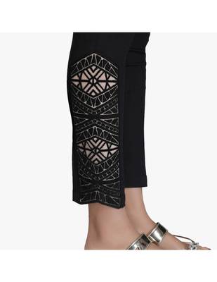 Black Cotton Slim Fit Embroidered Cigarette Trousers For Women's 5