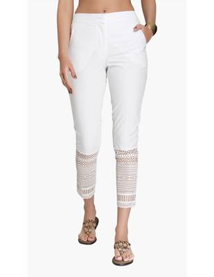 Off White Cotton Slim Fit Embroidered Cigarette Trousers For Women's 1