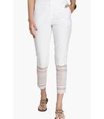 Off White Cotton Slim Fit Embroidered Cigarette Trousers For Women's