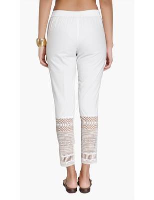 Off White Cotton Slim Fit Embroidered Cigarette Trousers For Women's 3