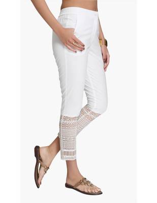 Off White Cotton Slim Fit Embroidered Cigarette Trousers For Women's 4