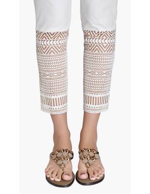 Off White Cotton Slim Fit Embroidered Cigarette Trousers For Women's 5