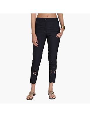 Black Cotton Slim Fit Embroidered Cigarette Trousers For Women's 1