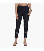 Black Cotton Slim Fit Embroidered Cigarette Trousers For Women's