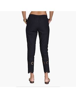 Black Cotton Slim Fit Embroidered Cigarette Trousers For Women's 3