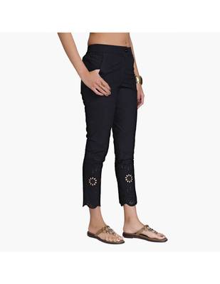 Black Cotton Slim Fit Embroidered Cigarette Trousers For Women's 4