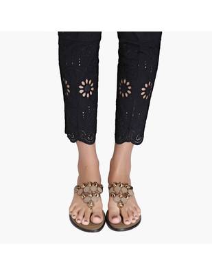 Black Cotton Slim Fit Embroidered Cigarette Trousers For Women's 5
