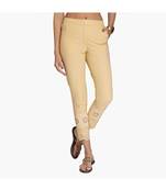 Beige Cotton Slim Fit Embroidered Cigarette Trousers For Women's