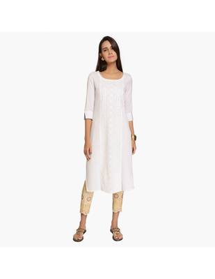Beige Cotton Slim Fit Embroidered Cigarette Trousers For Women's 2