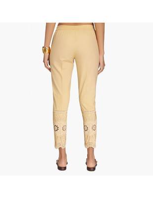 Beige Cotton Slim Fit Embroidered Cigarette Trousers For Women's 3