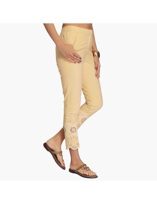 Beige Cotton Slim Fit Embroidered Cigarette Trousers For Women's 4