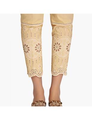 Beige Cotton Slim Fit Embroidered Cigarette Trousers For Women's 5