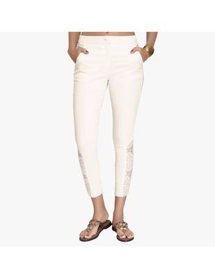 Off White Cotton Slim Fit Embroidered Cigarette Trousers For Women's 1