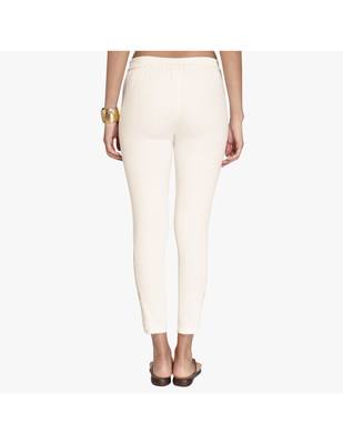 Off White Cotton Slim Fit Embroidered Cigarette Trousers For Women's 3
