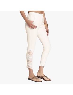 Off White Cotton Slim Fit Embroidered Cigarette Trousers For Women's 4