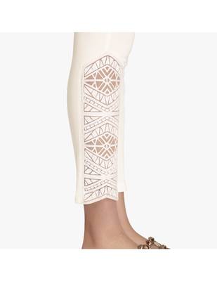 Off White Cotton Slim Fit Embroidered Cigarette Trousers For Women's 5