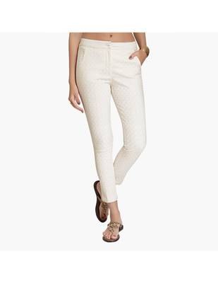 Off White Cotton Slim Fit Embroidered Cigarette Trousers For Women's 1