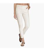 Off White Cotton Slim Fit Embroidered Cigarette Trousers For Women's