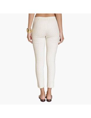 Off White Cotton Slim Fit Embroidered Cigarette Trousers For Women's 3