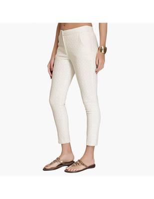 Off White Cotton Slim Fit Embroidered Cigarette Trousers For Women's 4