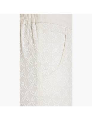 Off White Cotton Slim Fit Embroidered Cigarette Trousers For Women's 5