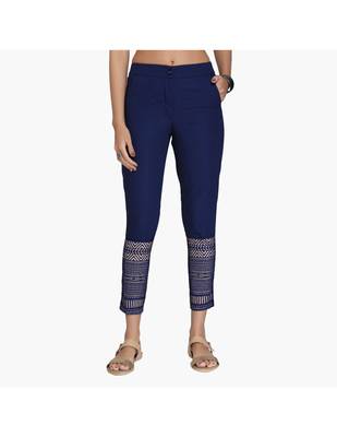 Navy Cotton Slim Fit Embroidered Cigarette Trousers For Women's 1