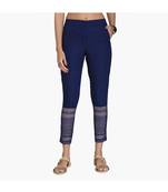 Navy Cotton Slim Fit Embroidered Cigarette Trousers For Women's