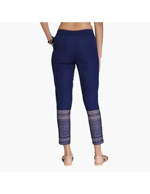 Navy Cotton Slim Fit Embroidered Cigarette Trousers For Women's 3