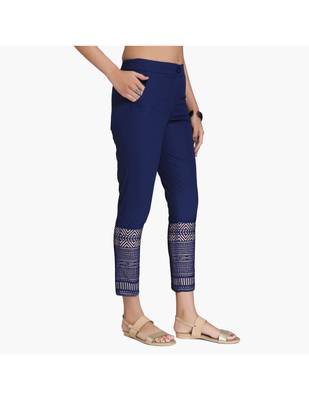 Navy Cotton Slim Fit Embroidered Cigarette Trousers For Women's 4
