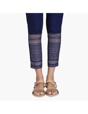 Navy Cotton Slim Fit Embroidered Cigarette Trousers For Women's 5