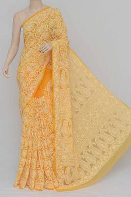 Orange Color Allover Hand Embroidered Lucknowi Chikankari Saree 1