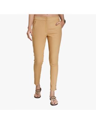 Beige Cotton Slim Fit Embroidered Cigarette Trousers For Women's 1