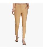 Beige Cotton Slim Fit Embroidered Cigarette Trousers For Women's